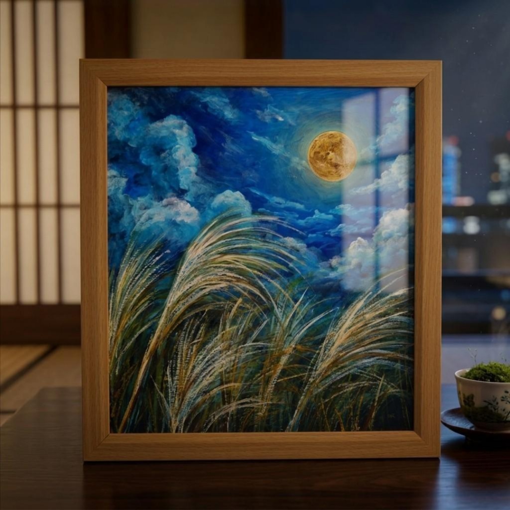 【油絵原画】黄金満月と風光る芒(額縁・ラッピング付き)絵画インテリア