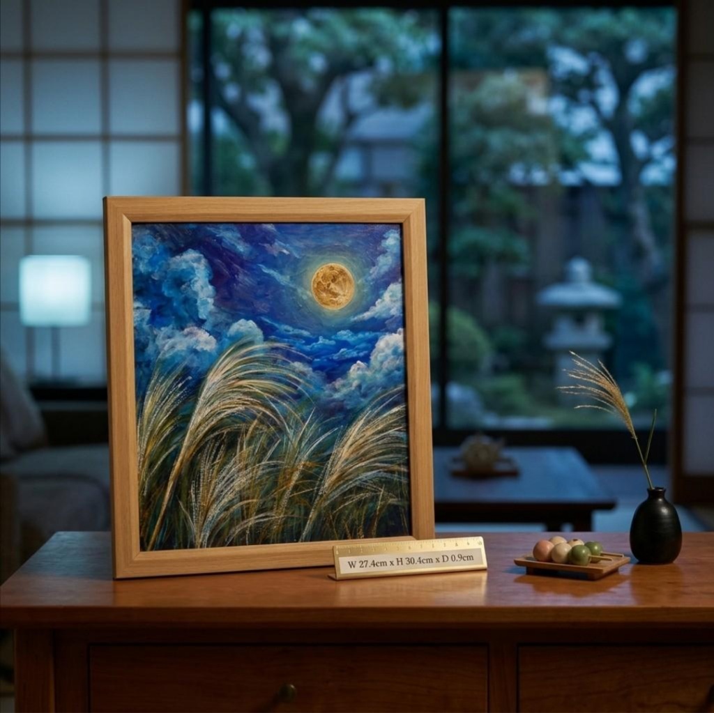 【油絵原画】黄金満月と風光る芒(額縁・ラッピング付き)絵画インテリア