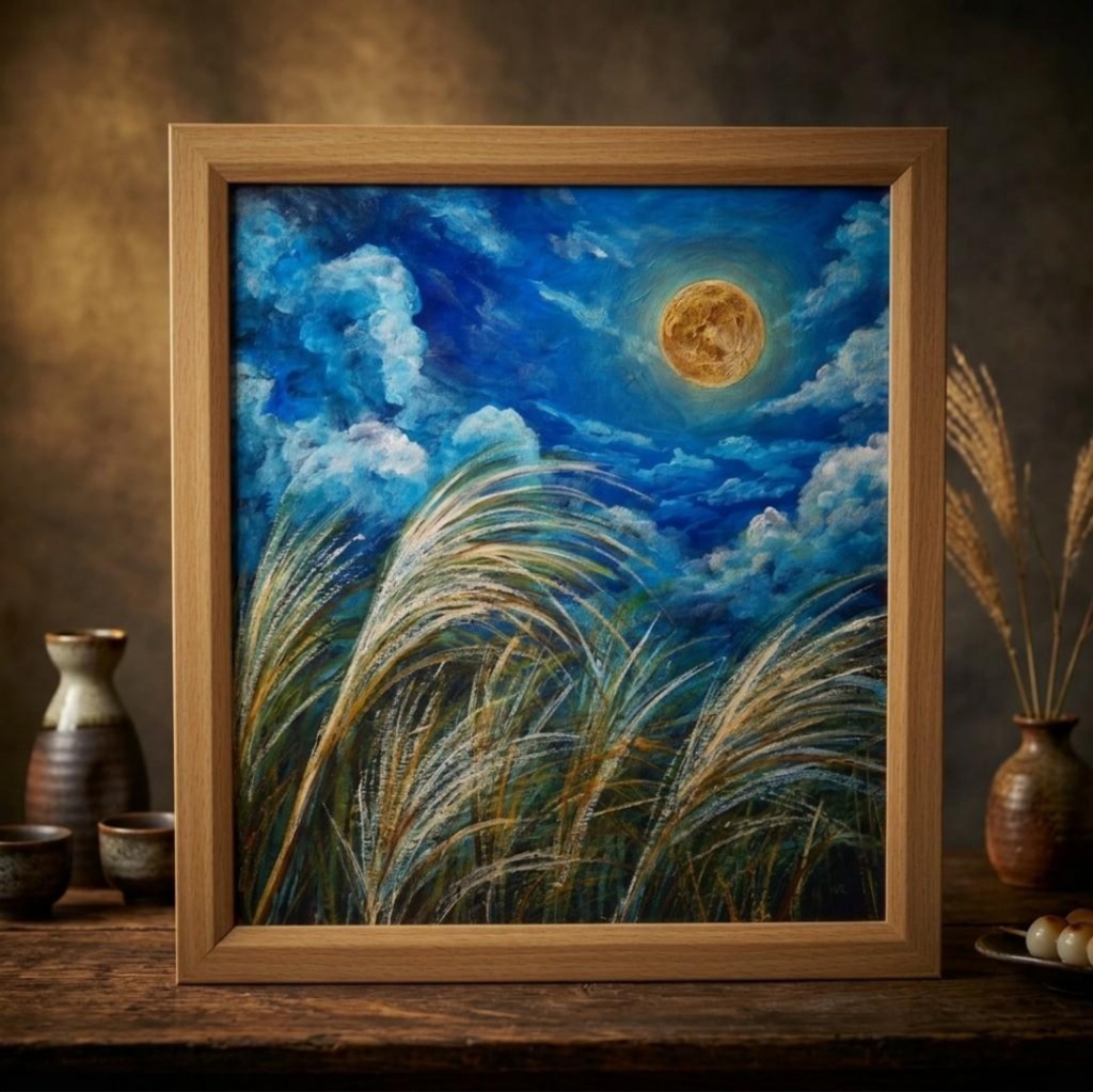 【油絵原画】黄金満月と風光る芒(額縁・ラッピング付き)絵画インテリア