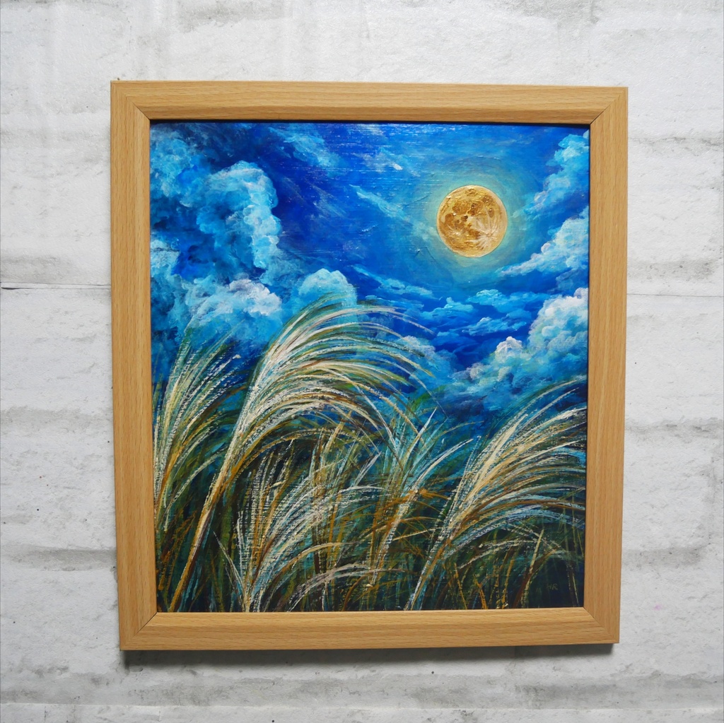 【油絵原画】黄金満月と風光る芒(額縁・ラッピング付き)絵画インテリア