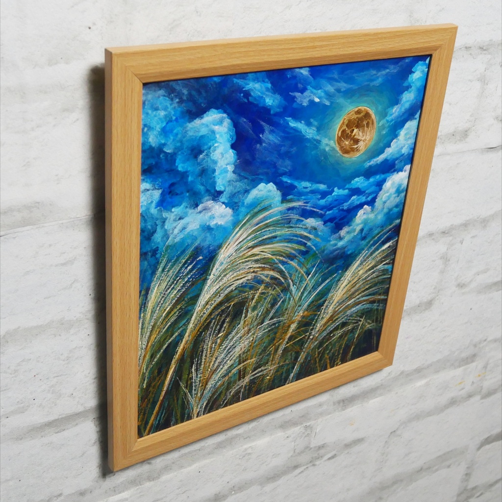 【油絵原画】黄金満月と風光る芒(額縁・ラッピング付き)絵画インテリア
