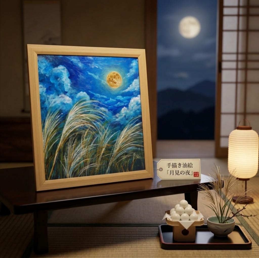 【油絵原画】黄金満月と風光る芒（額縁・ラッピング付き）絵画インテリア