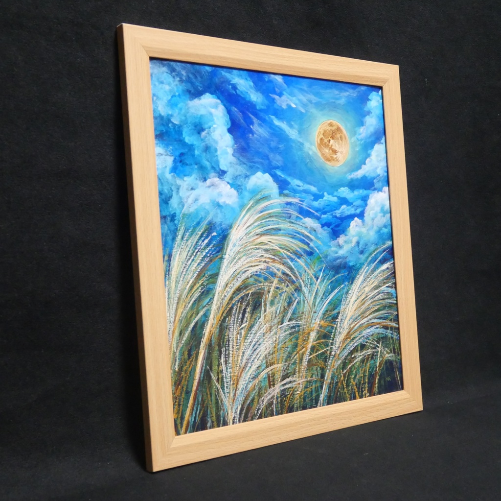 【油絵原画】黄金満月と風光る芒(額縁・ラッピング付き)絵画インテリア