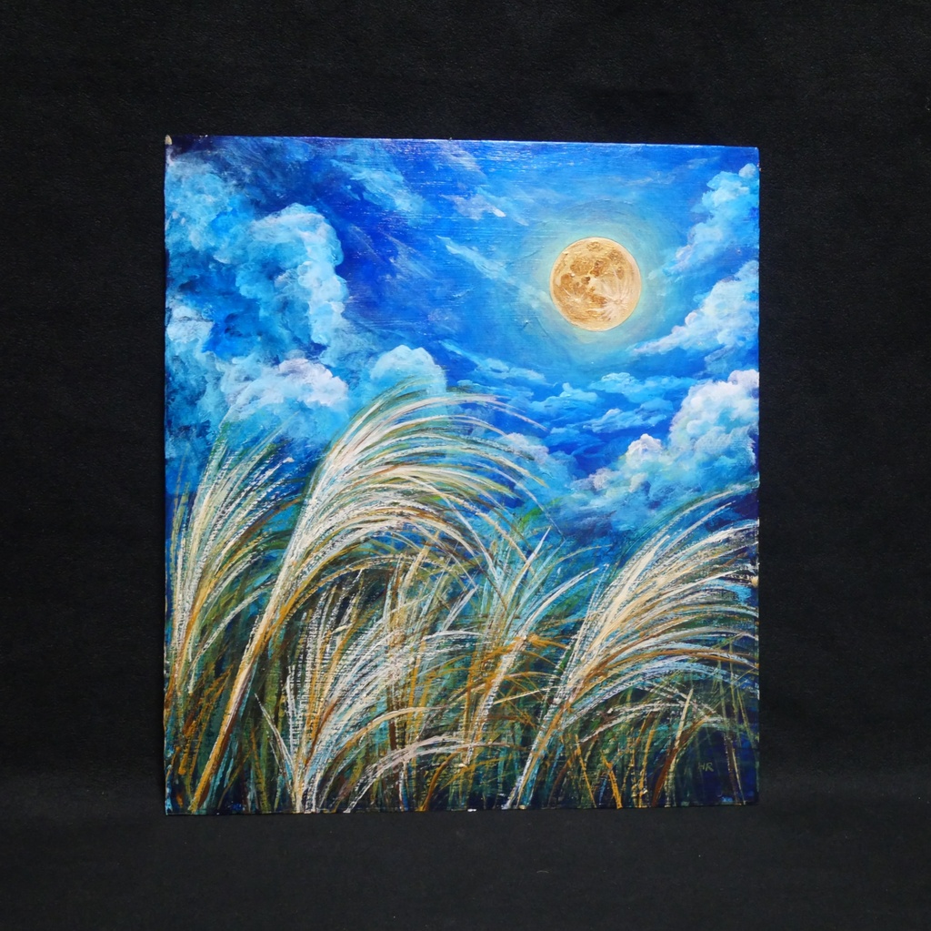 【油絵原画】黄金満月と風光る芒(額縁・ラッピング付き)絵画インテリア
