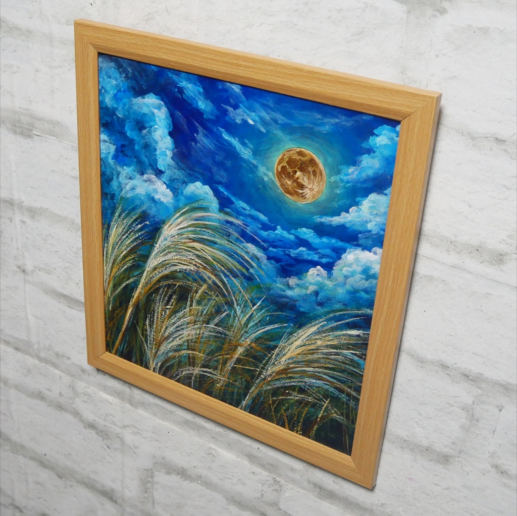 【油絵原画】黄金満月と風光る芒(額縁・ラッピング付き)絵画インテリア