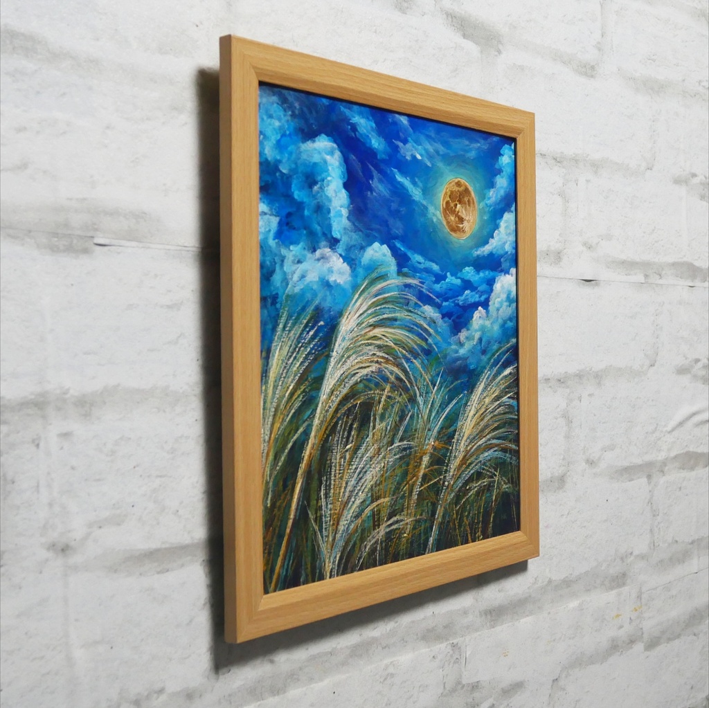 【油絵原画】黄金満月と風光る芒(額縁・ラッピング付き)絵画インテリア
