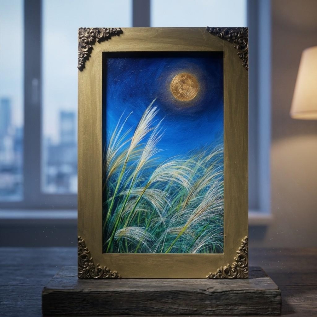 【油絵原画】十五夜の黄金の月(アンティーク調額縁・ラッピング付き)幻想的な夜空とススキのアートパネル