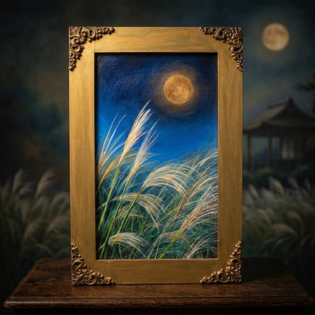 【油絵原画】十五夜の黄金の月(アンティーク調額縁・ラッピング付き)幻想的な夜空とススキのアートパネル