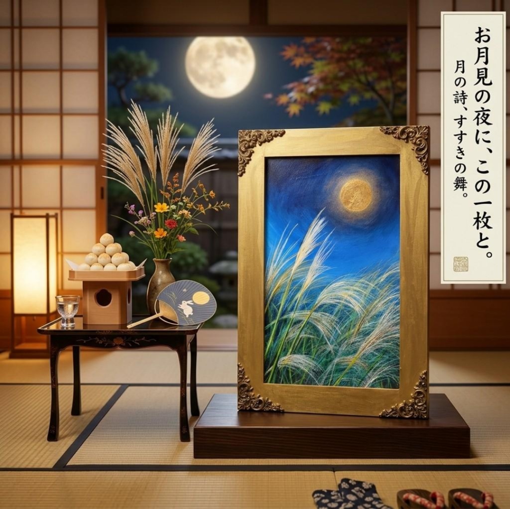【油絵原画】十五夜の黄金の月(アンティーク調額縁・ラッピング付き)幻想的な夜空とススキのアートパネル