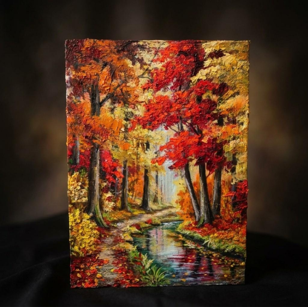 【原画】油絵『 錦秋のせせらぎ 』F4号 / もみじ 紅葉 渓流 秋景色 絵画 壁飾り 額なしそのまま飾れる プレゼントにも