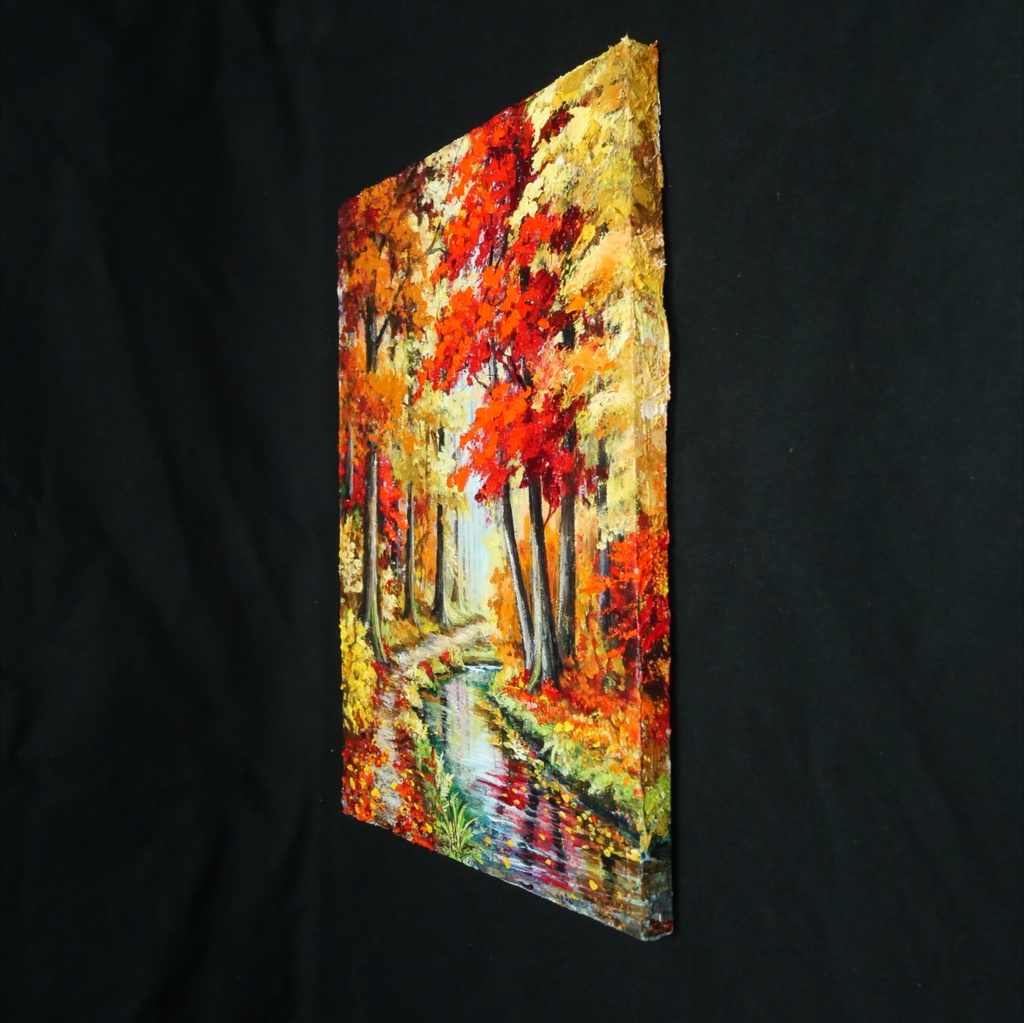 【原画】油絵『 錦秋のせせらぎ 』F4号 / もみじ 紅葉 渓流 秋景色 絵画 壁飾り 額なしそのまま飾れる プレゼントにも