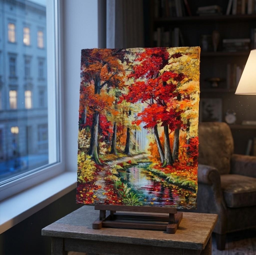 【原画】油絵『 錦秋のせせらぎ 』F4号 / もみじ 紅葉 渓流 秋景色 絵画 壁飾り 額なしそのまま飾れる プレゼントにも