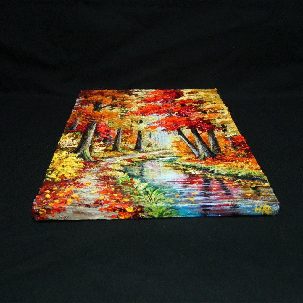 【原画】油絵『 錦秋のせせらぎ 』F4号 / もみじ 紅葉 渓流 秋景色 絵画 壁飾り 額なしそのまま飾れる プレゼントにも