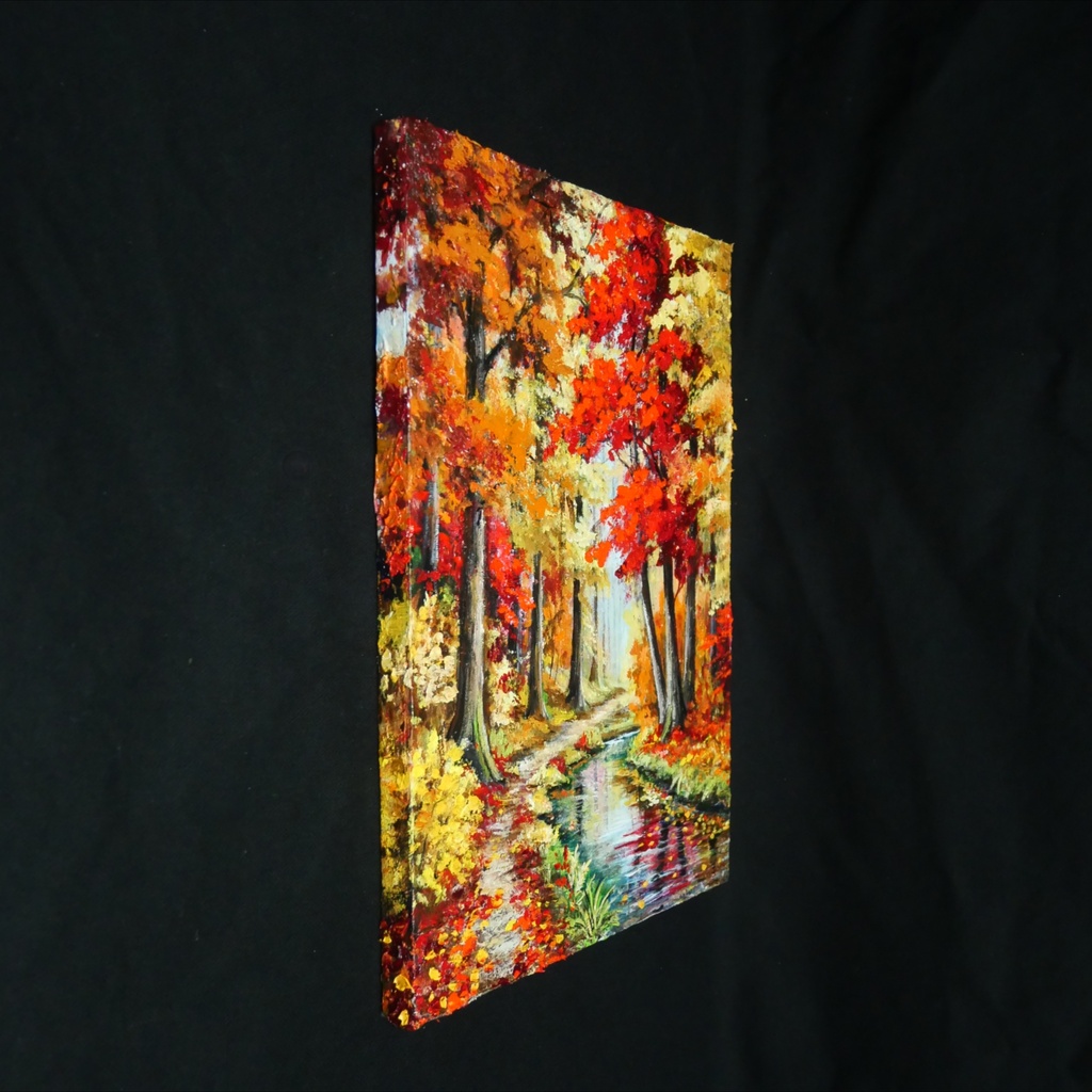 【原画】油絵『 錦秋のせせらぎ 』F4号 / もみじ 紅葉 渓流 秋景色 絵画 壁飾り 額なしそのまま飾れる プレゼントにも