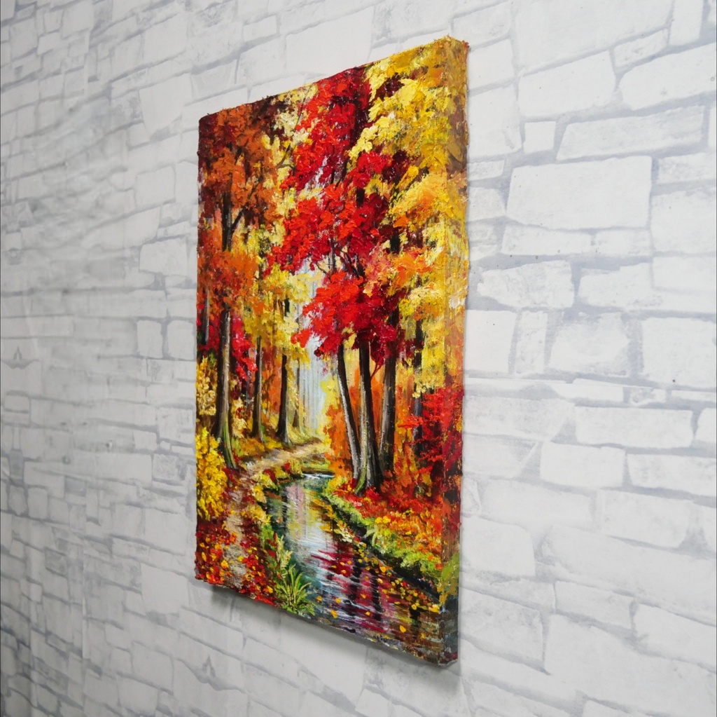 【原画】油絵『 錦秋のせせらぎ 』F4号 / もみじ 紅葉 渓流 秋景色 絵画 壁飾り 額なしそのまま飾れる プレゼントにも