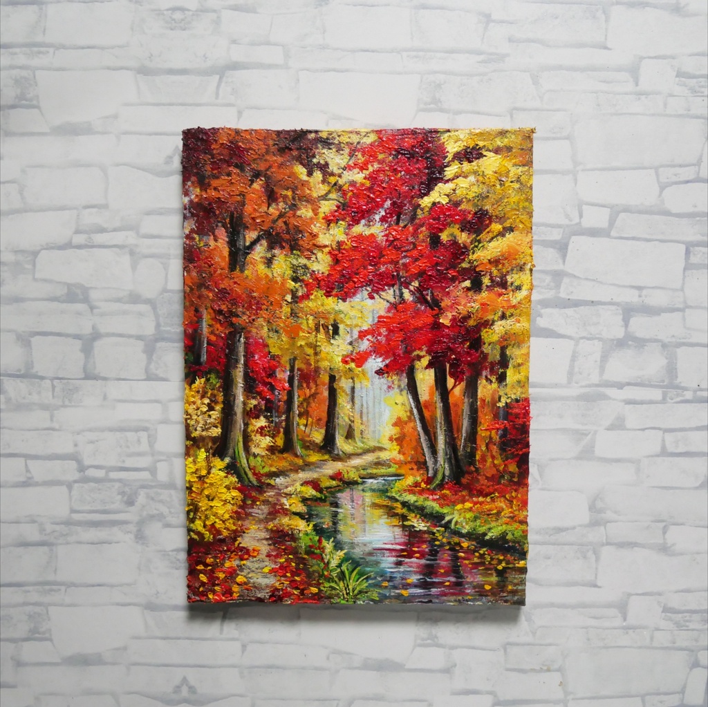【原画】油絵『 錦秋のせせらぎ 』F4号 / もみじ 紅葉 渓流 秋景色 絵画 壁飾り 額なしそのまま飾れる プレゼントにも