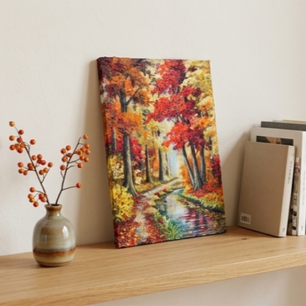 【原画】油絵『 錦秋のせせらぎ 』F4号 / もみじ 紅葉 渓流 秋景色 絵画 壁飾り 額なしそのまま飾れる プレゼントにも