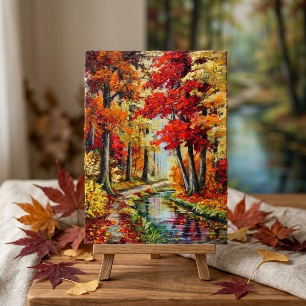 【原画】油絵『 錦秋のせせらぎ 』F4号 / もみじ 紅葉 渓流 秋景色 絵画 壁飾り 額なしそのまま飾れる プレゼントにも