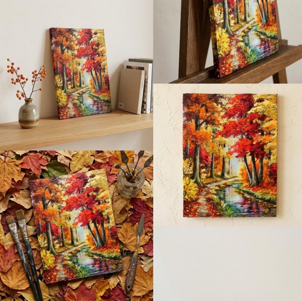 【原画】油絵『 錦秋のせせらぎ 』F4号 / もみじ 紅葉 渓流 秋景色 絵画 壁飾り 額なしそのまま飾れる プレゼントにも