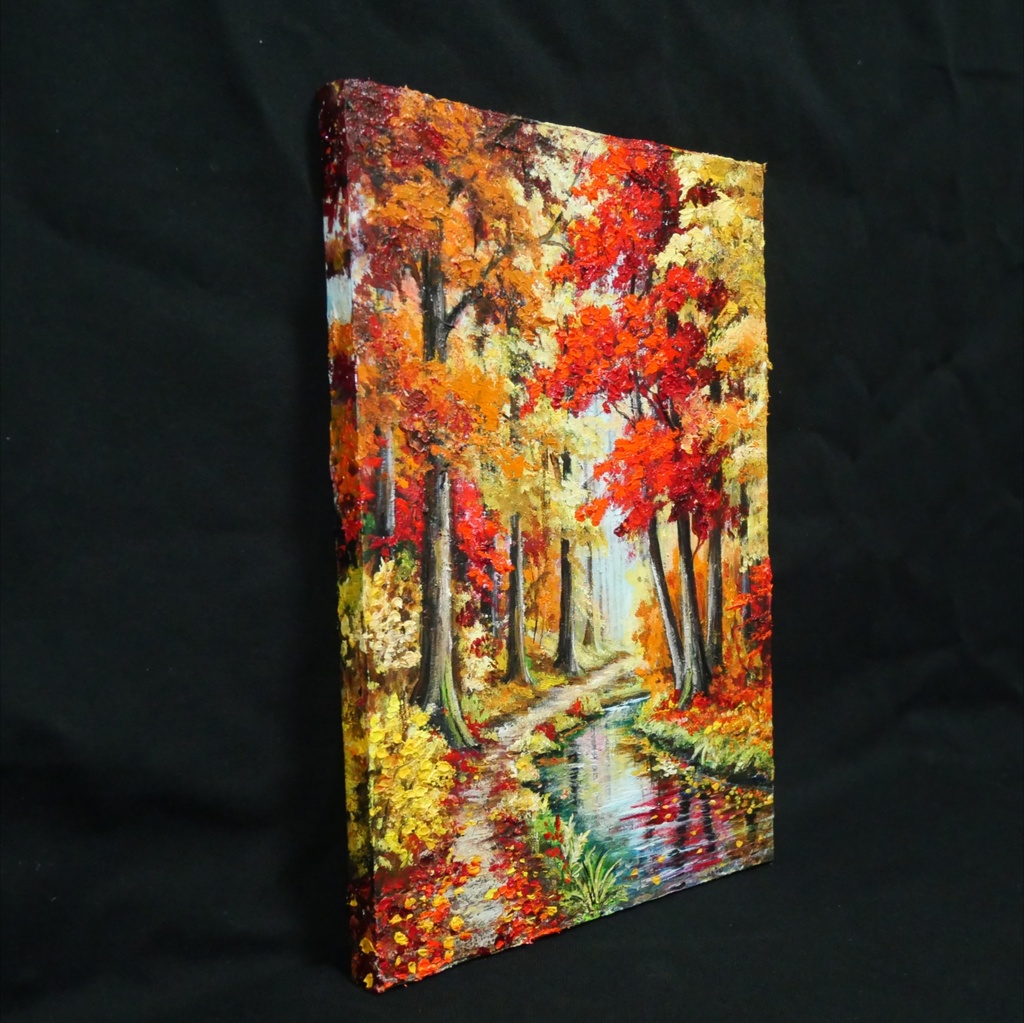【原画】油絵『 錦秋のせせらぎ 』F4号 / もみじ 紅葉 渓流 秋景色 絵画 壁飾り 額なしそのまま飾れる プレゼントにも