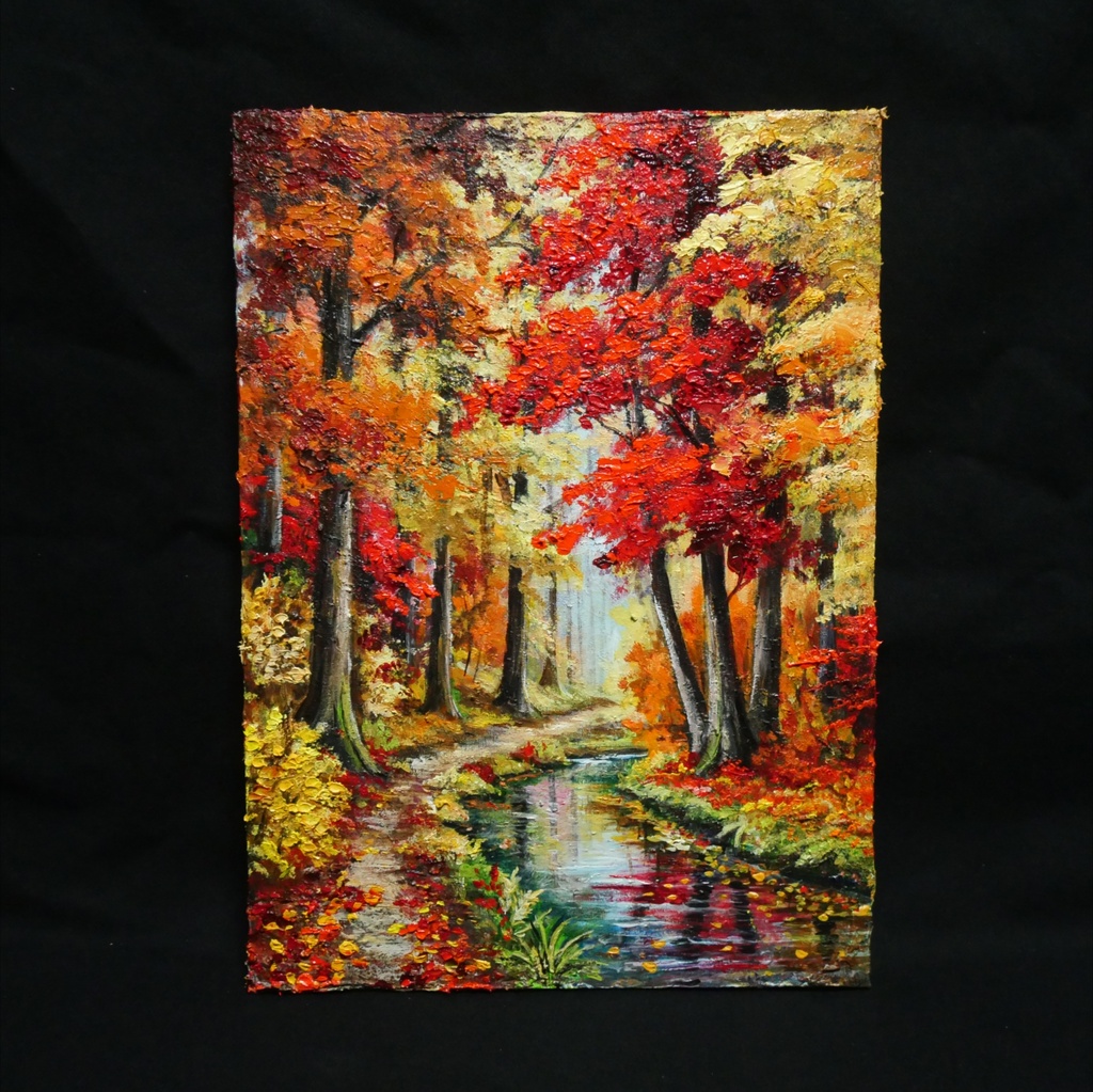 【原画】油絵『 錦秋のせせらぎ 』F4号 / もみじ 紅葉 渓流 秋景色 絵画 壁飾り 額なしそのまま飾れる プレゼントにも