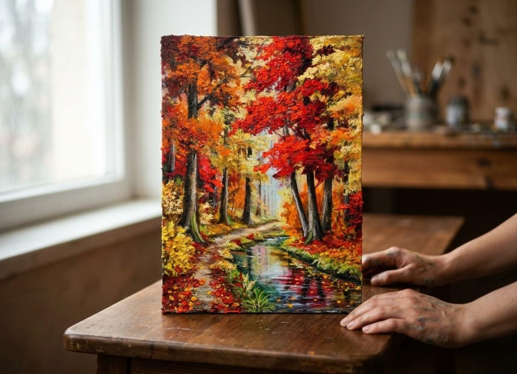【原画】油絵『 錦秋のせせらぎ 』F4号 / もみじ 紅葉 渓流 秋景色 絵画 壁飾り 額なしそのまま飾れる プレゼントにも