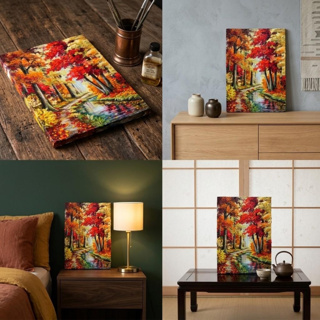【原画】油絵『 錦秋のせせらぎ 』F4号 / もみじ 紅葉 渓流 秋景色 絵画 壁飾り 額なしそのまま飾れる プレゼントにも
