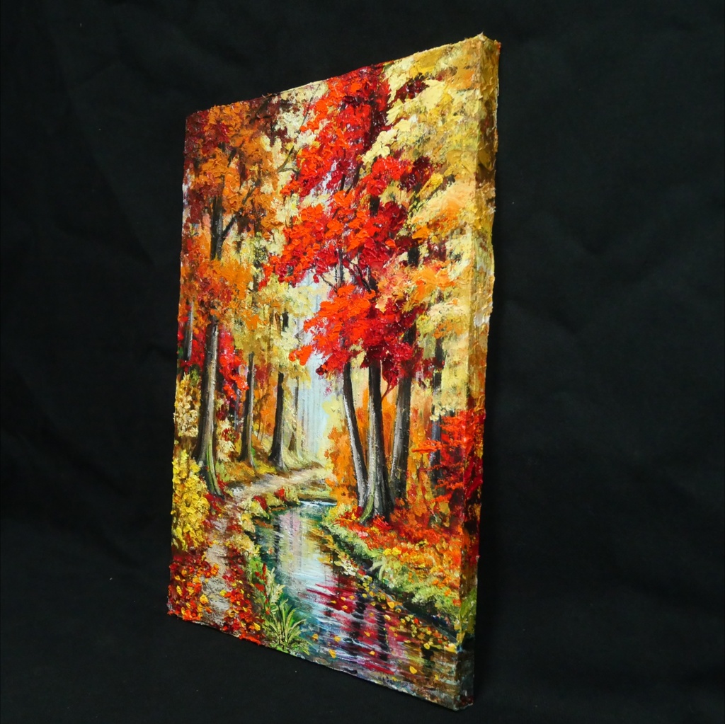 【原画】油絵『 錦秋のせせらぎ 』F4号 / もみじ 紅葉 渓流 秋景色 絵画 壁飾り 額なしそのまま飾れる プレゼントにも