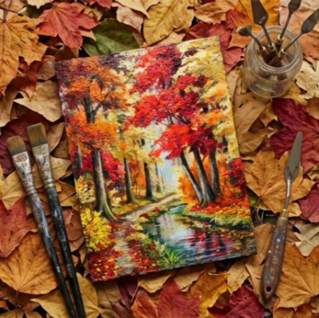 【原画】油絵『 錦秋のせせらぎ 』F4号 / もみじ 紅葉 渓流 秋景色 絵画 壁飾り 額なしそのまま飾れる プレゼントにも