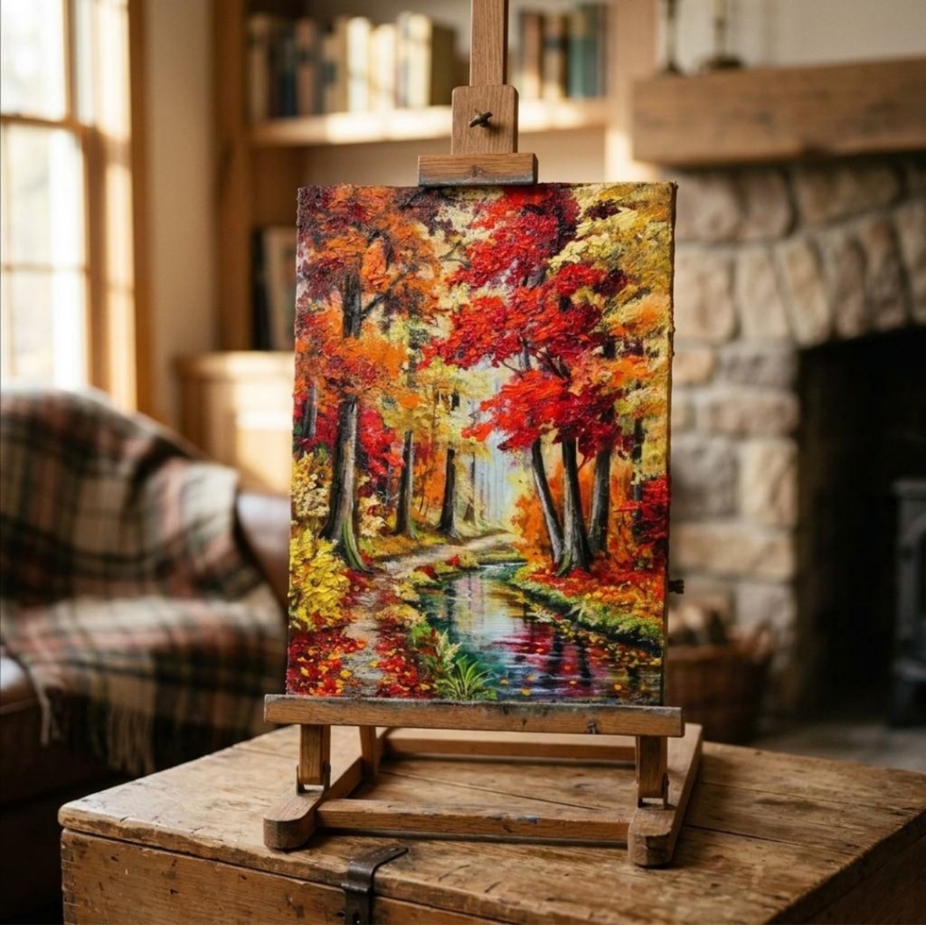 【原画】油絵『 錦秋のせせらぎ 』F4号 / もみじ 紅葉 渓流 秋景色 絵画 壁飾り 額なしそのまま飾れる プレゼントにも