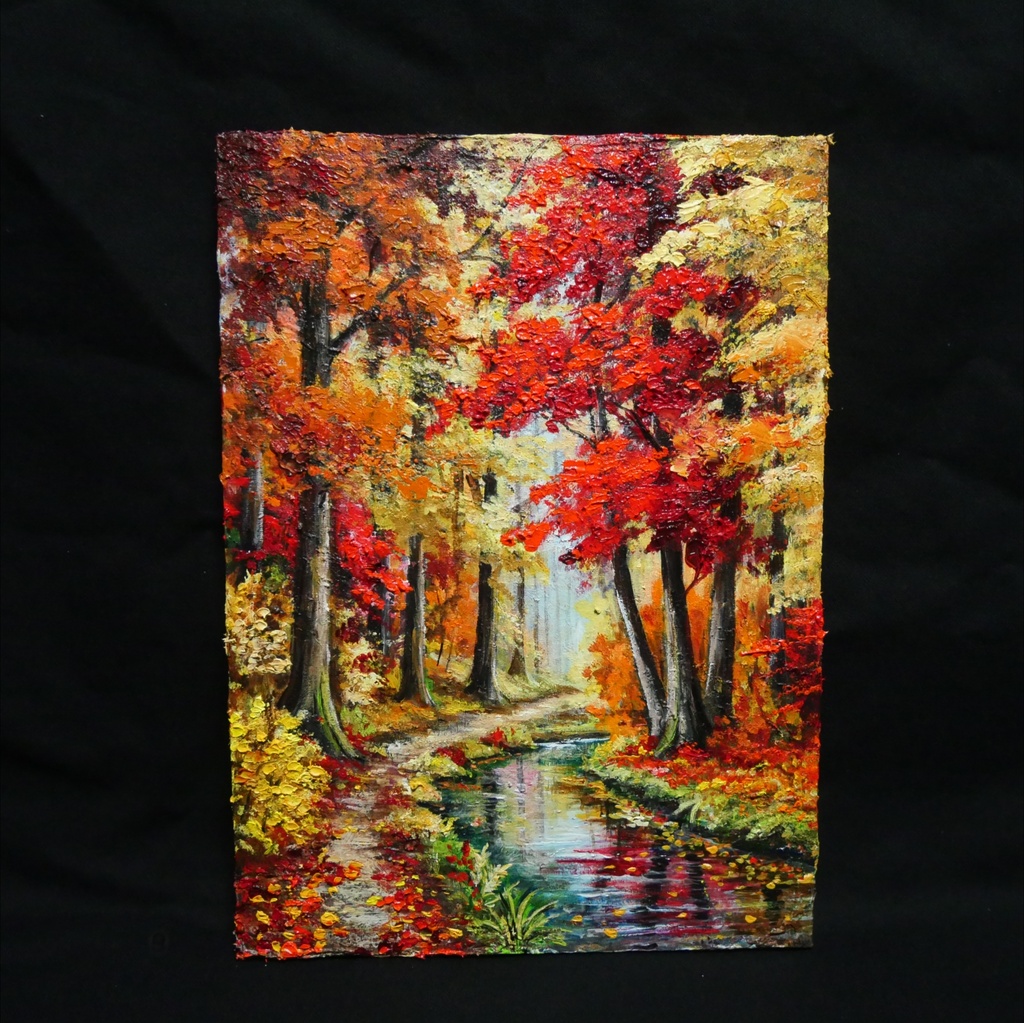 【原画】油絵『 錦秋のせせらぎ 』F4号 / もみじ 紅葉 渓流 秋景色 絵画 壁飾り 額なしそのまま飾れる プレゼントにも