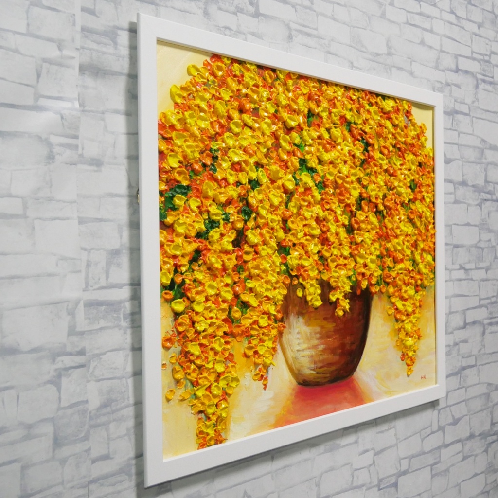 【油絵原画】立体ミモザ『触れたくなる光の粒』凹凸テクスチャーアート 春を彩る黄色い花 額縁・ラッピング付き 1点物