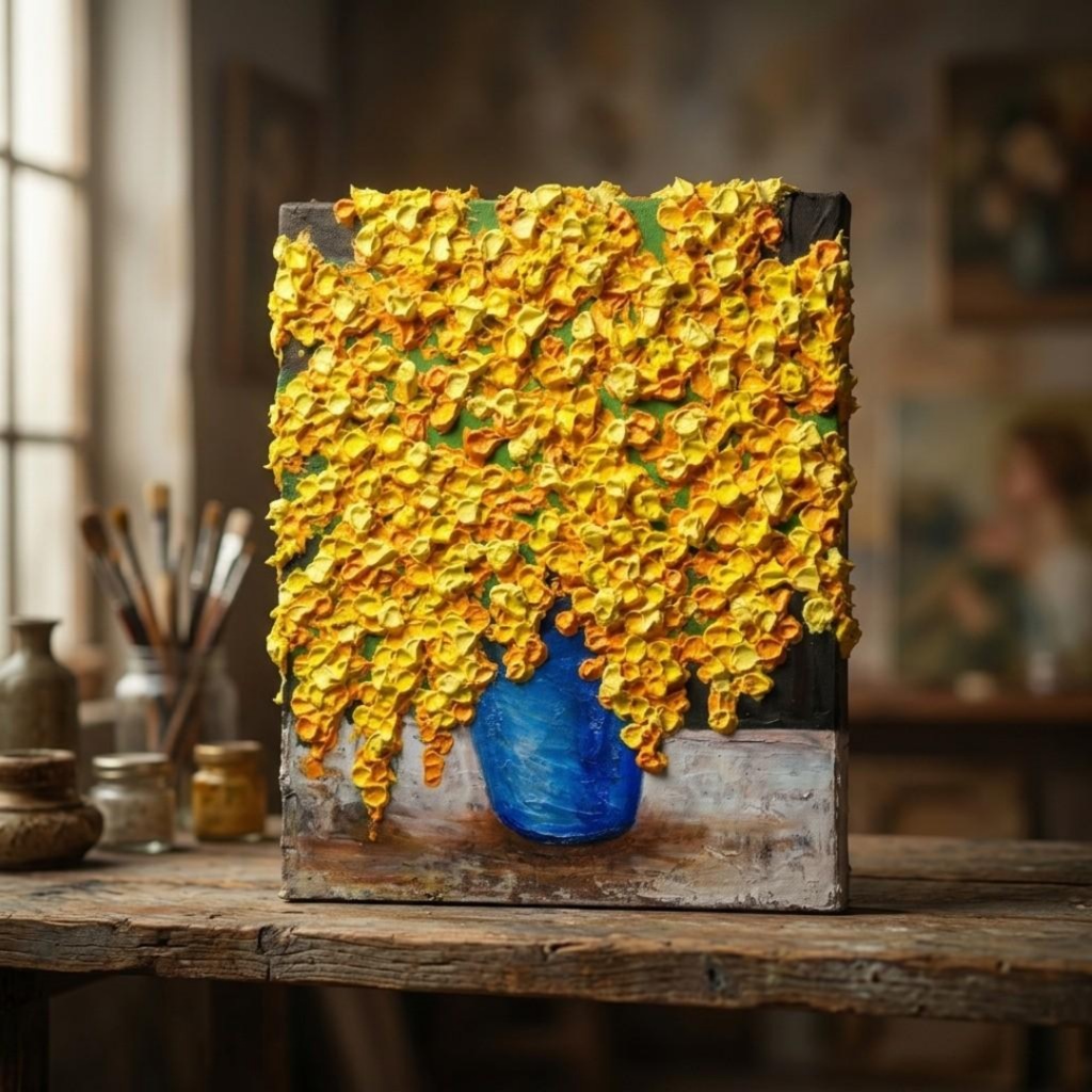 【油絵原画】光溢れるミモザのロンド(F3号 / 額縁なし・ラッピング付)- 春の立体質感アート