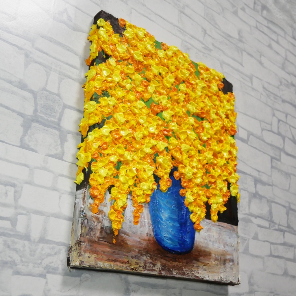 【油絵原画】光溢れるミモザのロンド(F3号 / 額縁なし・ラッピング付)- 春の立体質感アート