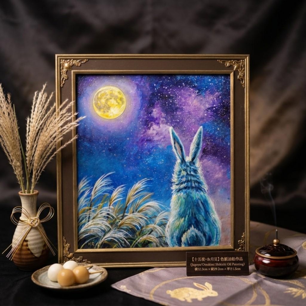 【油絵原画】月夜の願い〜満天の星とうさぎの約束〜【アンティーク額縁・ラッピング付】うさぎ・ファンタジー・秋