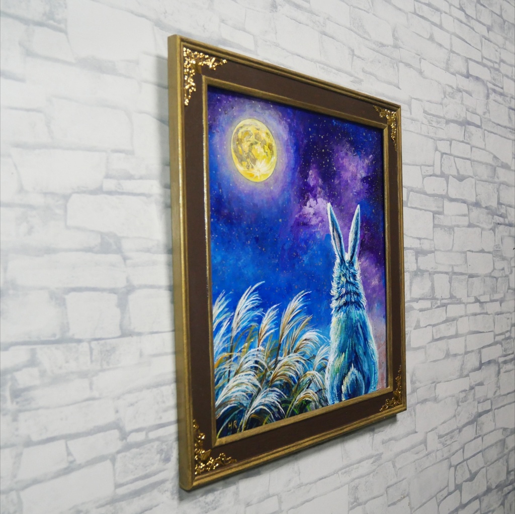 【油絵原画】月夜の願い〜満天の星とうさぎの約束〜【アンティーク額縁・ラッピング付】うさぎ・ファンタジー・秋