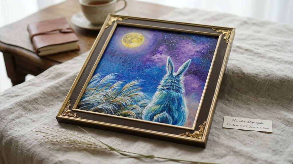 【油絵原画】月夜の願い〜満天の星とうさぎの約束〜【アンティーク額縁・ラッピング付】うさぎ・ファンタジー・秋