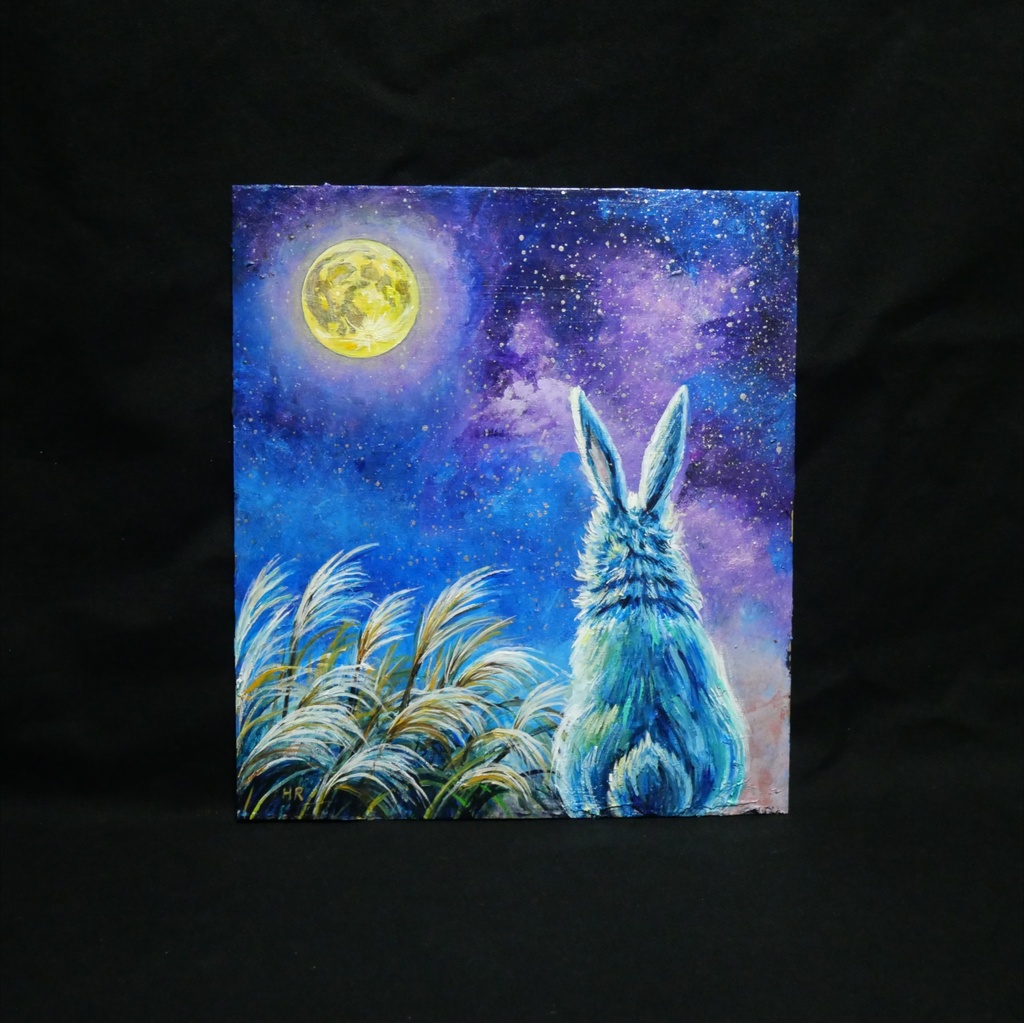 【油絵原画】月夜の願い〜満天の星とうさぎの約束〜【アンティーク額縁・ラッピング付】うさぎ・ファンタジー・秋