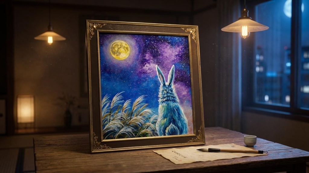 【油絵原画】月夜の願い〜満天の星とうさぎの約束〜【アンティーク額縁・ラッピング付】うさぎ・ファンタジー・秋