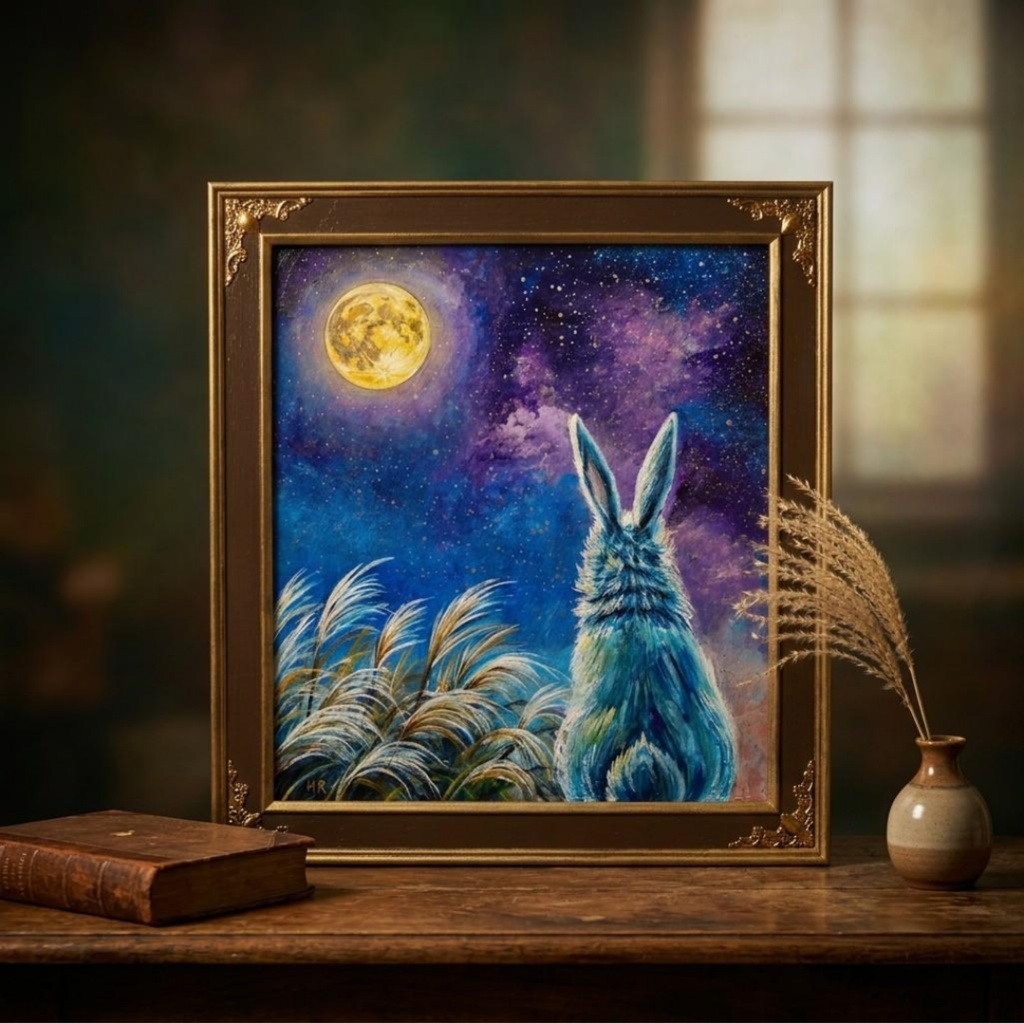 【油絵原画】月夜の願い〜満天の星とうさぎの約束〜【アンティーク額縁・ラッピング付】うさぎ・ファンタジー・秋