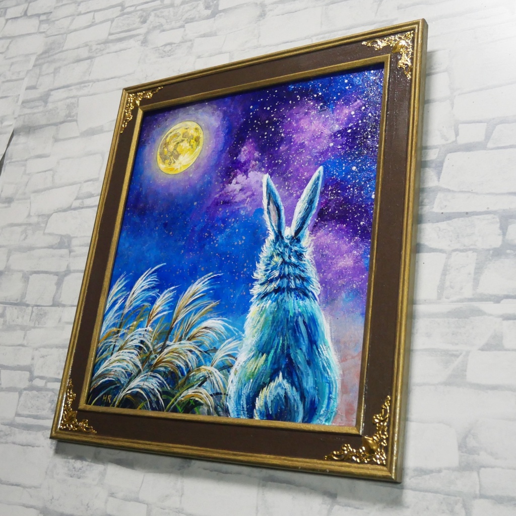 【油絵原画】月夜の願い〜満天の星とうさぎの約束〜【アンティーク額縁・ラッピング付】うさぎ・ファンタジー・秋