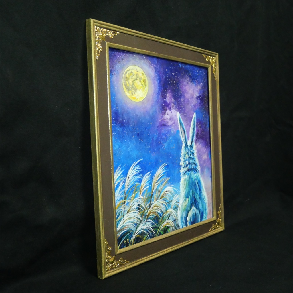 【油絵原画】月夜の願い〜満天の星とうさぎの約束〜【アンティーク額縁・ラッピング付】うさぎ・ファンタジー・秋