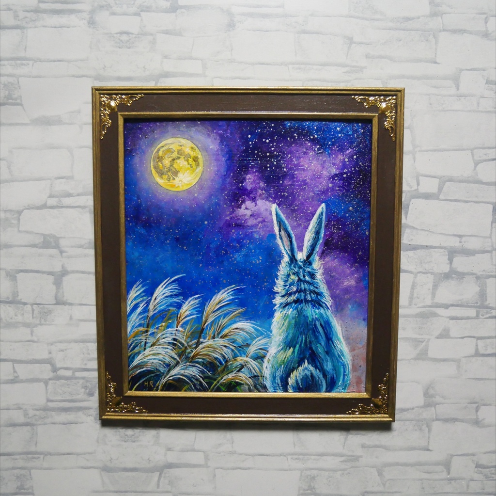 【油絵原画】月夜の願い〜満天の星とうさぎの約束〜【アンティーク額縁・ラッピング付】うさぎ・ファンタジー・秋