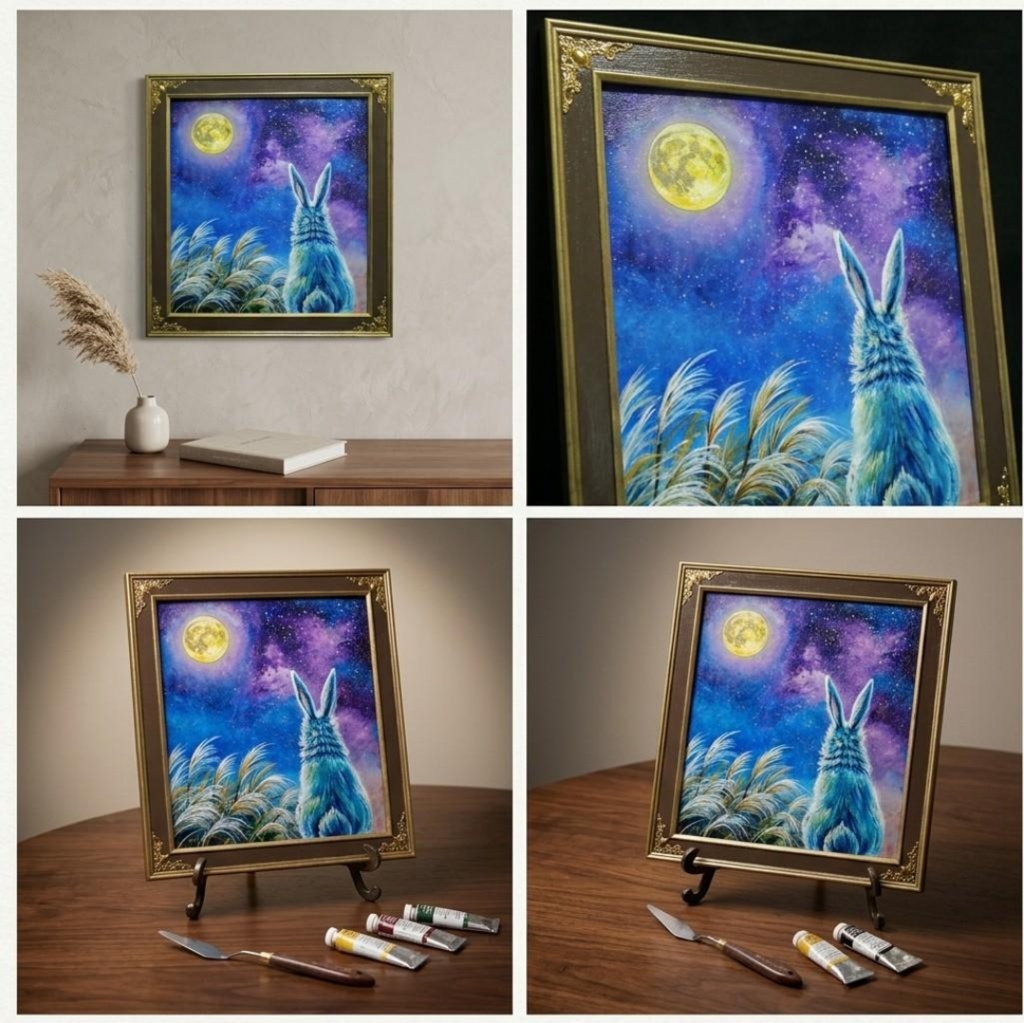 【油絵原画】月夜の願い〜満天の星とうさぎの約束〜【アンティーク額縁・ラッピング付】うさぎ・ファンタジー・秋