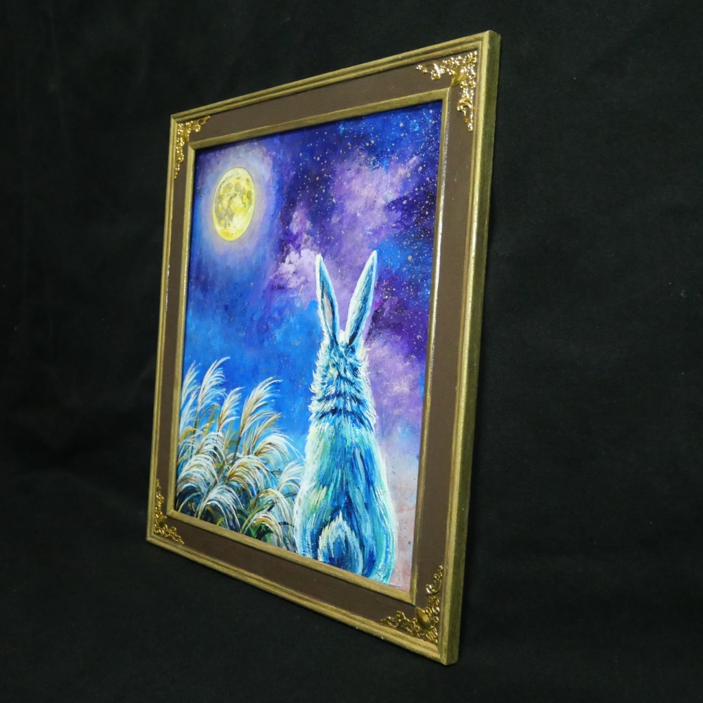 【油絵原画】月夜の願い〜満天の星とうさぎの約束〜【アンティーク額縁・ラッピング付】うさぎ・ファンタジー・秋