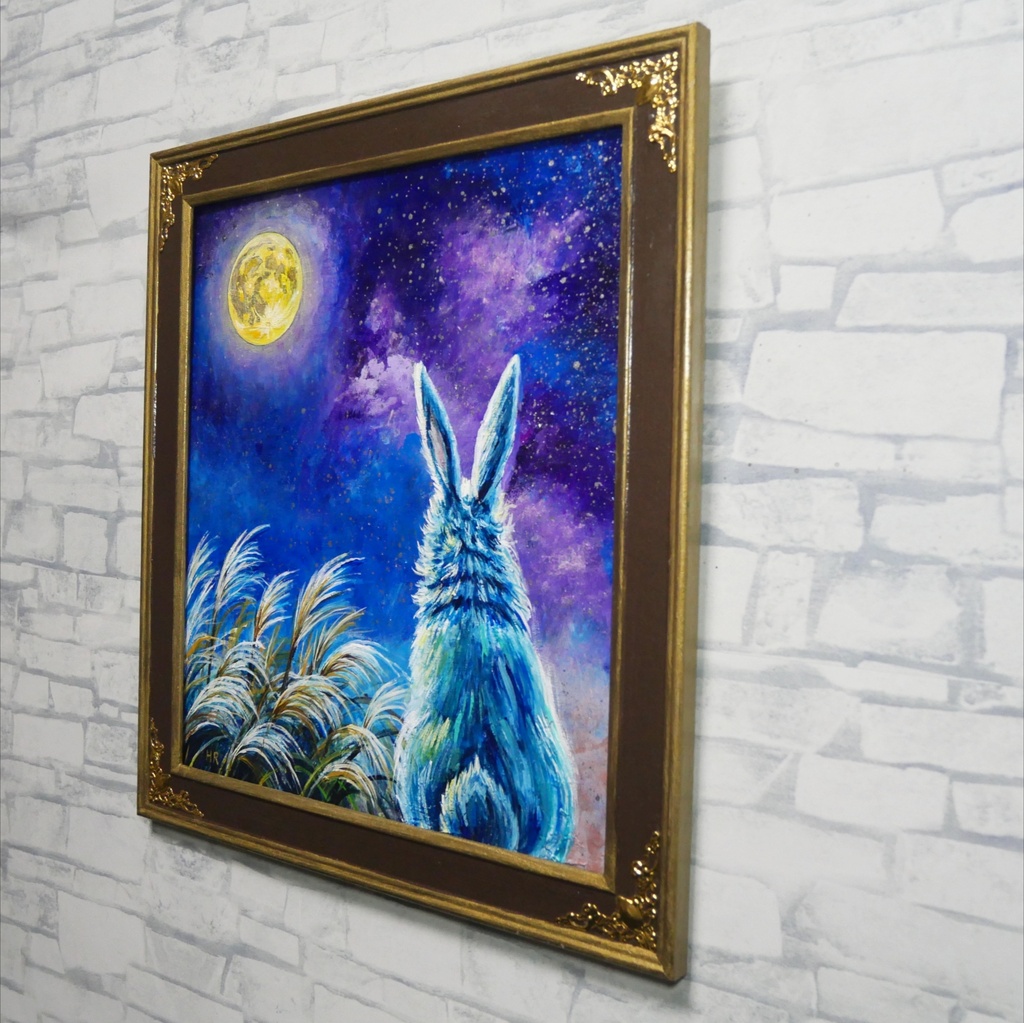 【油絵原画】月夜の願い〜満天の星とうさぎの約束〜【アンティーク額縁・ラッピング付】うさぎ・ファンタジー・秋