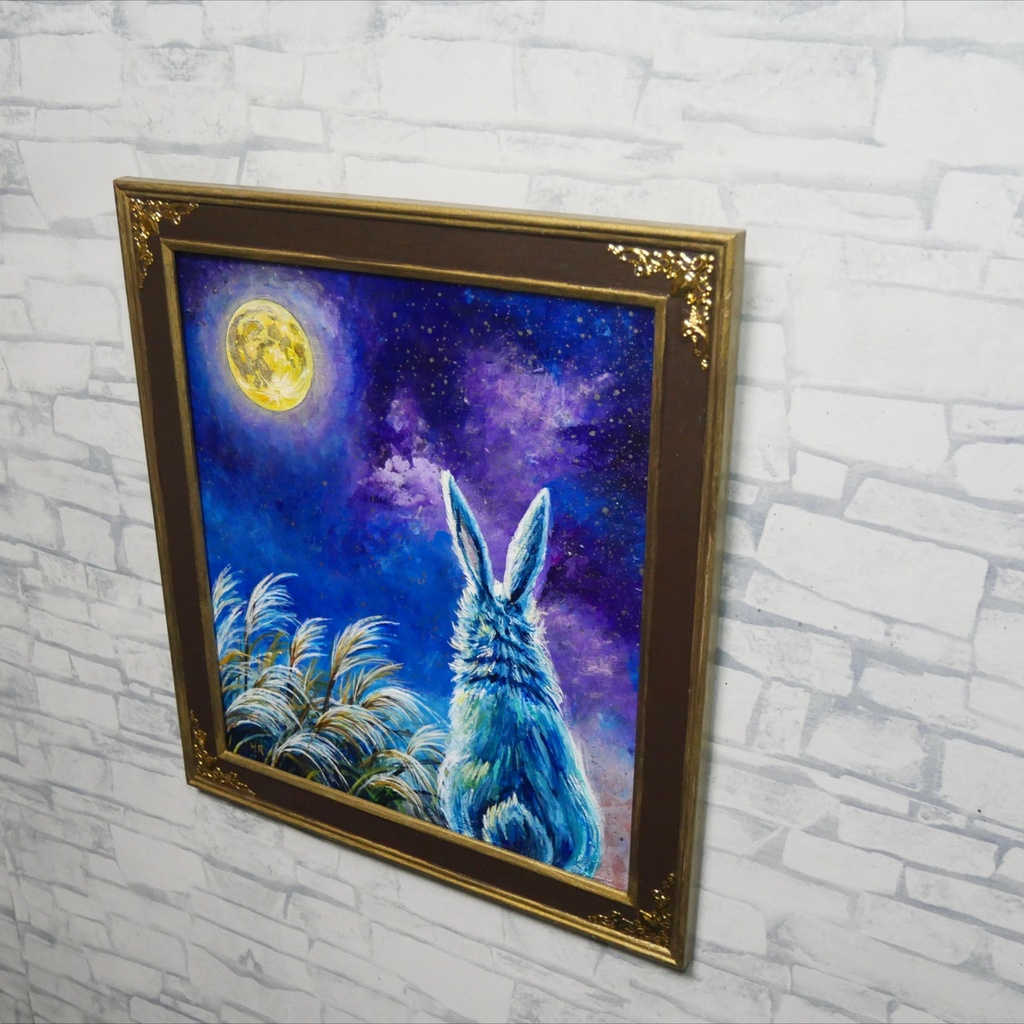 【油絵原画】月夜の願い〜満天の星とうさぎの約束〜【アンティーク額縁・ラッピング付】うさぎ・ファンタジー・秋
