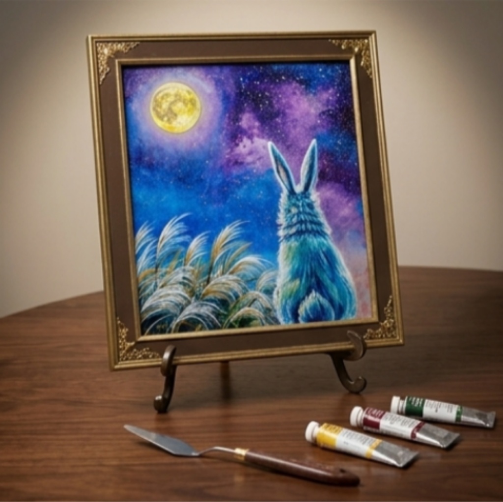【油絵原画】月夜の願い〜満天の星とうさぎの約束〜【アンティーク額縁・ラッピング付】うさぎ・ファンタジー・秋