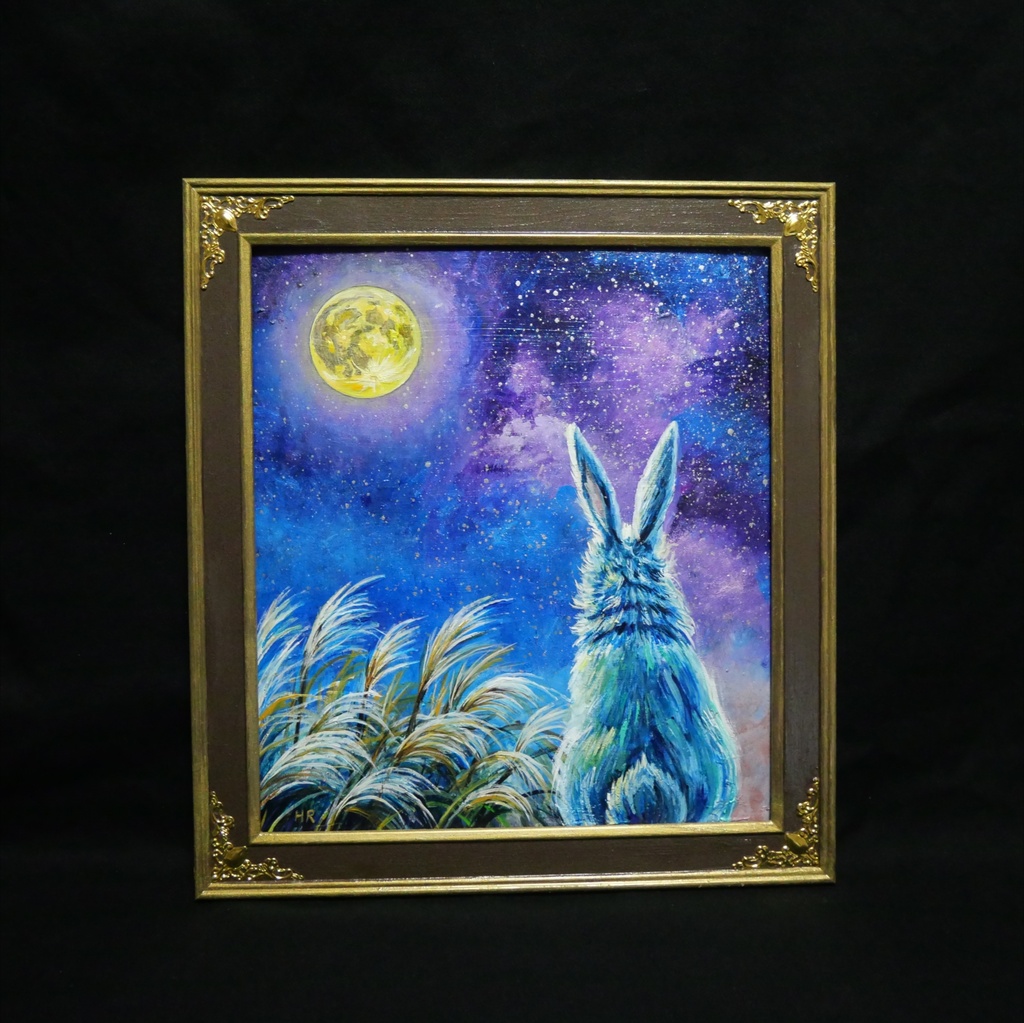 【油絵原画】月夜の願い〜満天の星とうさぎの約束〜【アンティーク額縁・ラッピング付】うさぎ・ファンタジー・秋