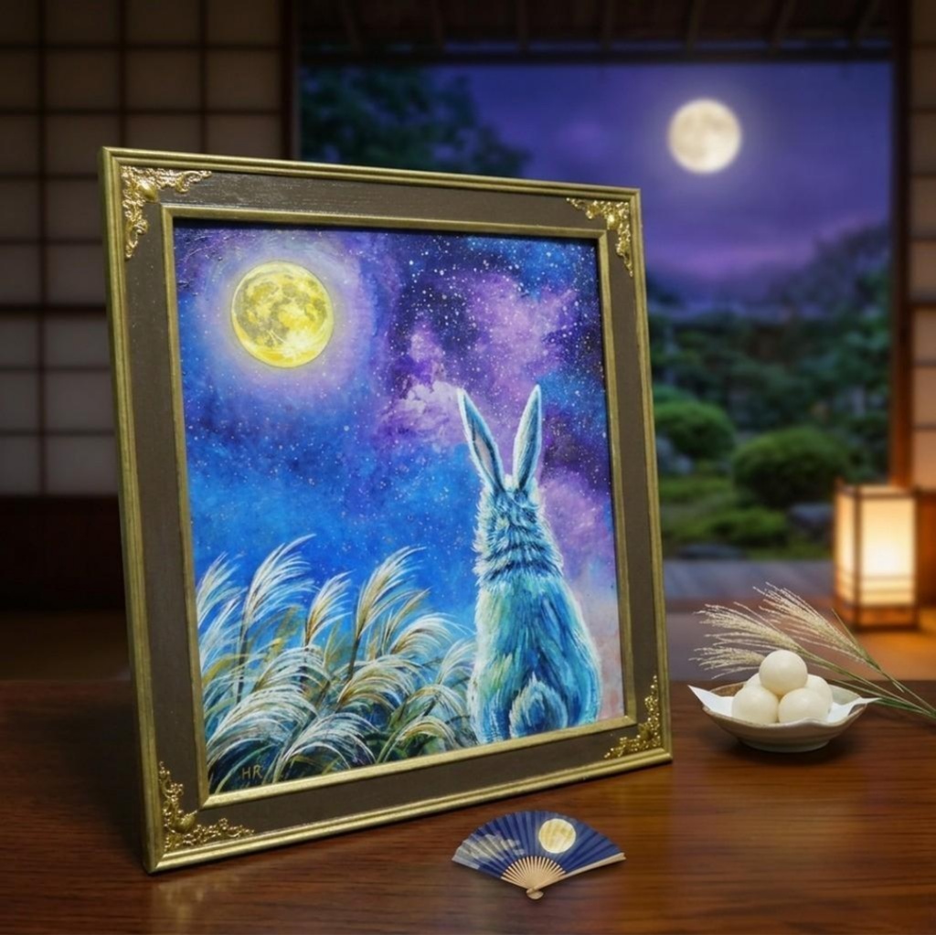 【油絵原画】月夜の願い〜満天の星とうさぎの約束〜【アンティーク額縁・ラッピング付】うさぎ・ファンタジー・秋